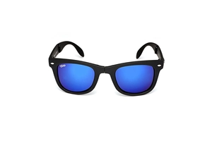 Detail showing classic folding sunglasses with blue coated lenses and signature stud rivets