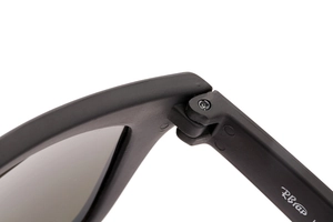 Macro detail of high-quality metal hinge and matte black finish on folding sunglasses