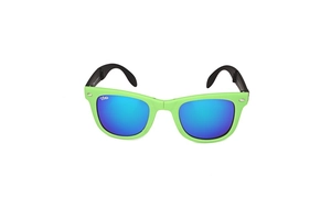 Detail of neon green foldable sports sunglasses with blue mirrored lenses and black temples