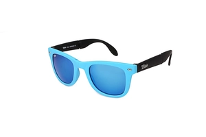 Detail view of sky blue folding sunglasses featuring blue mirrored lenses and black temples