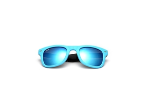 Detail of light blue matte folding sunglasses with silver rivet accents and blue lenses