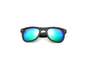 Detail of square folding sunglasses with blue-green mirrored lenses and rivet accents
