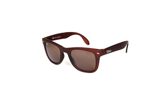 Close-up of portable folding sunglasses with dark coffee frame and Italy design CE mark
