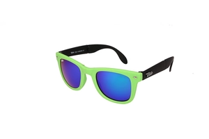 Detail view of foldable sunglasses with neon green frame and blue mirrored lenses