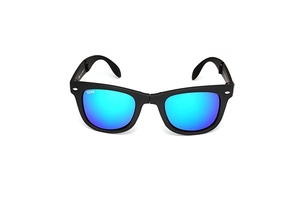 Detail of matte black folding sunglasses with blue mirrored lenses and foldable bridge