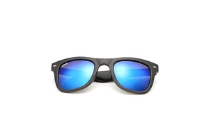 Detail showing foldable hinge mechanism and blue reflective lens on matte black sunglasses