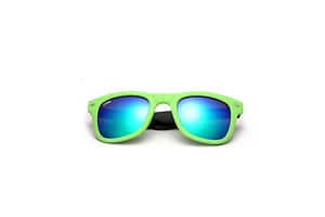 Close-up of matte green folding sunglasses with blue mirrored lenses and metal rivets