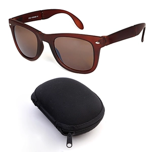 Foldable brown classic sunglasses with tan lenses and a black zipper protective case
