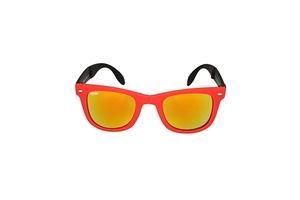 Detail of red folding sunglasses with orange reflective lenses and black temples