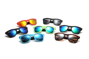 Detailed arrangement of various colorful foldable matte sunglasses with reflective lenses