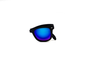 Foldable black matte sunglasses with colorful blue and purple polarized lenses detail