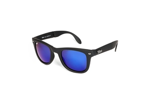 Detail view of foldable sunglasses featuring a black frame and blue mirrored lenses