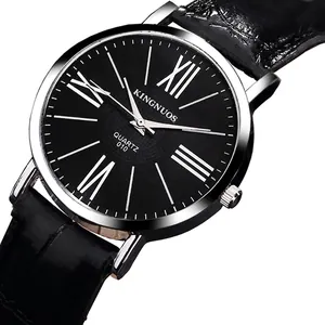 Classic men's quartz watch with black roman numeral dial and black leather strap