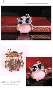 Macro view of owl brooch featuring pink cat-eye stone and blue crystal eyes on gold base