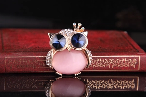 Detailed close-up of owl brooch featuring pink cat-eye stone and blue crystal eyes