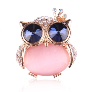 Vintage Owl Brooch Alloy With Rhinestone Blue Crystal Eyes And Faux Cat Eye Stone Elegant Animal Pin For Women