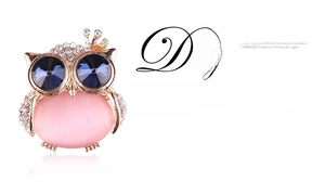 Detailed close-up of owl brooch featuring pink cat eye stone and blue crystal eyes