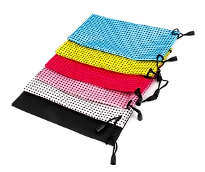 Detail of waterproof multi-color drawstring sunglasses pouches with secure spring toggles