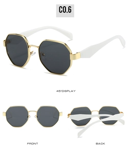 Three views of polygon metal sunglasses with gold frames and grey lenses in C0.6