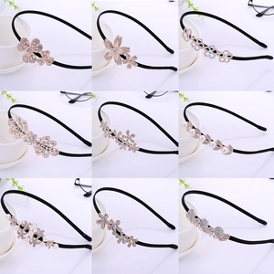 Set of 9 elegant black headbands with rose gold rhinestone and pearl flower bow designs