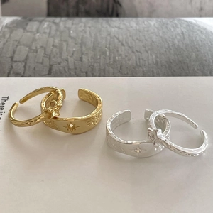 S925 Sterling silver star pattern and hammer textured adjustable open rings set