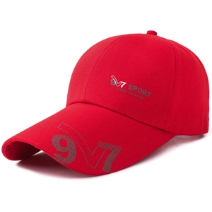 Men's red baseball cap featuring 9V7 Sport prints and a classic wide brim style