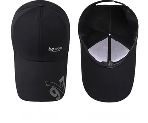 Detail view of black baseball cap with 9V7 SPORT printing and ventilated crown top