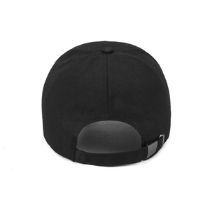 Adjustable black canvas baseball cap showing back view with metal buckle closure