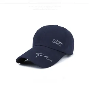 Detail of navy blue baseball cap with recreation SPORTS text and sports mind brim print