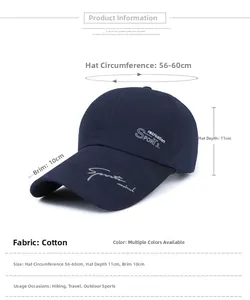 Detail view of navy blue cotton baseball cap with measurements and embroidery specifications