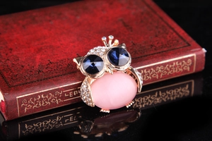 Macro detail of owl brooch with blue crystal eyes and pink opal on a vintage book