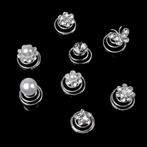 Silver bridal hair spiral clips with rhinestones, pearls, butterflies and flowers