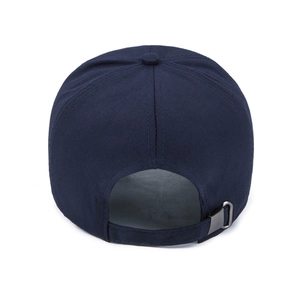Navy blue canvas baseball cap for men featuring adjustable metal buckle on the back