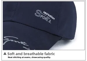 Macro shot of navy sports baseball cap showing fine stitching and breathable cotton fabric