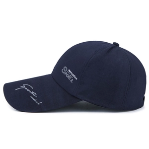Dark blue outdoor baseball cap with recreation sports print and long sun visor brim