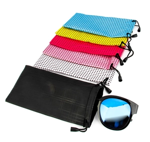 Close-up of multicolor drawstring sunglasses pouches with grid texture and nylon cords