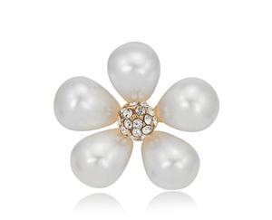 Detail of elegant five-petal pearl flower brooch with golden rhinestone center