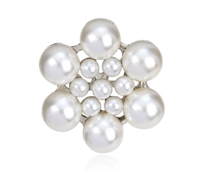 Detailed close-up of a six-petal pearl flower brooch with silver alloy base on white background