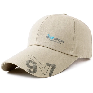 Men's khaki wide brim baseball cap featuring blue and gray 9V7 SPORT graphic prints