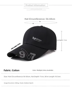 Detail view of cotton baseball cap showing 10.5cm wide brim and 56-60cm circumference