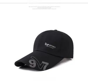 Detail of black sports baseball cap featuring 9V7 SPORT and classic collection lettering