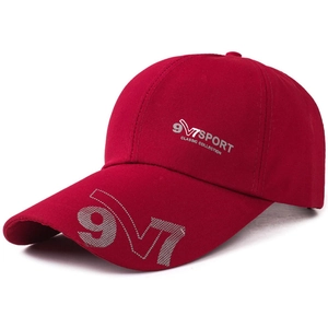 Men's dark red sport baseball cap with white 9V7 lettering and extended visor brim