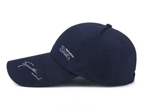 Side view of dark blue cotton canvas baseball cap with recreation sports embroidery