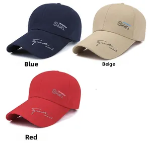 Three outdoor canvas baseball caps in blue, beige, and red colors with sports embroidery