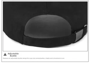 Detail of black cotton baseball cap with adjustable silver metal buckle closure