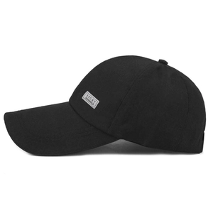 Men's outdoor sports baseball cap in black canvas with side sport patch and long brim