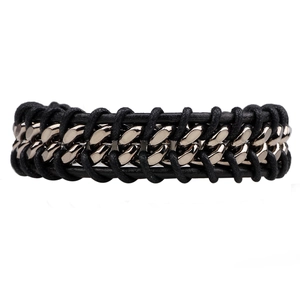 Vintage braided black leather and silver metal chain bracelet for men in minimalist style