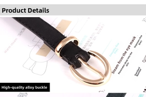 Detail of slim black PU leather belt for women featuring a polished gold oval buckle