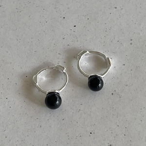 Minimalist 925 sterling silver hoop earrings with black crystal beads for women