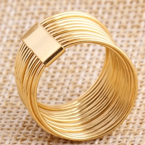 Detailed close-up of 13mm gold plated multi-layer steel ring on a textured jute background